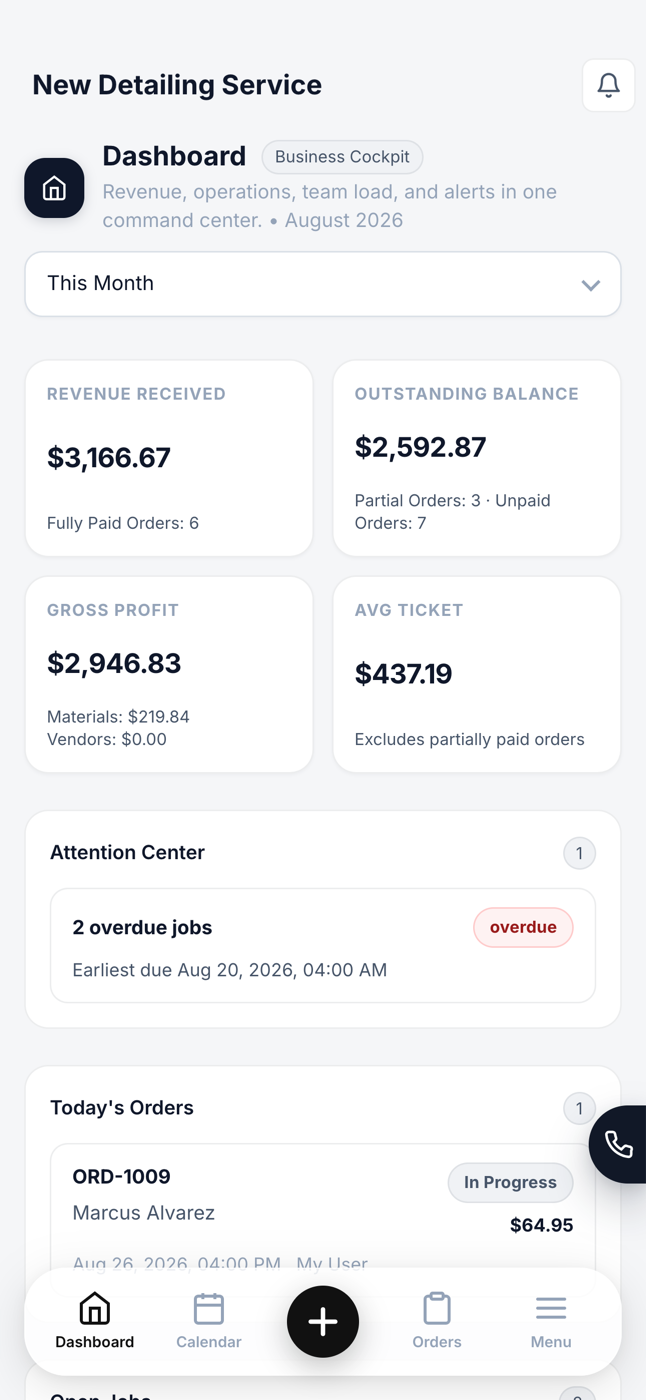 Nalu dashboard on iPhone showing revenue received, outstanding balance, gross profit and average ticket